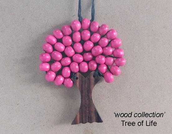 Tree of Life Necklace, Natural Wood, Pink Wooden Beads
